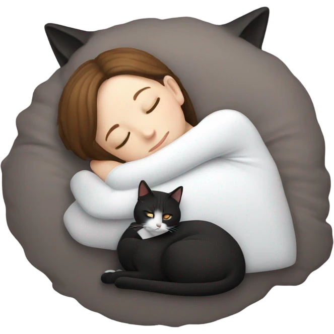 White girl short brown hair sleeping with tuxedo cat  emoji