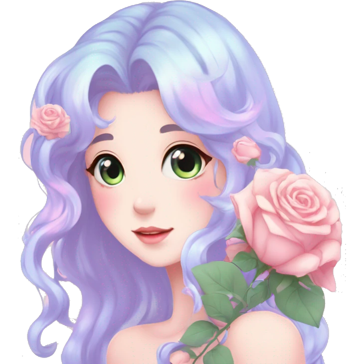 Gorgeous pastel anime style lady with blushing face and roses cottagecore fairycore pastelcore shiny colorful pearly petite simplistic aesthetic trending style emoji