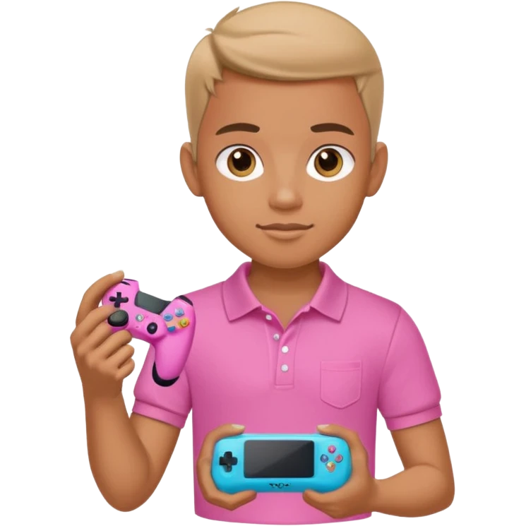 generate a pretty tan bratz boy with a pink polo. Holding a gaming controller in hand emoji