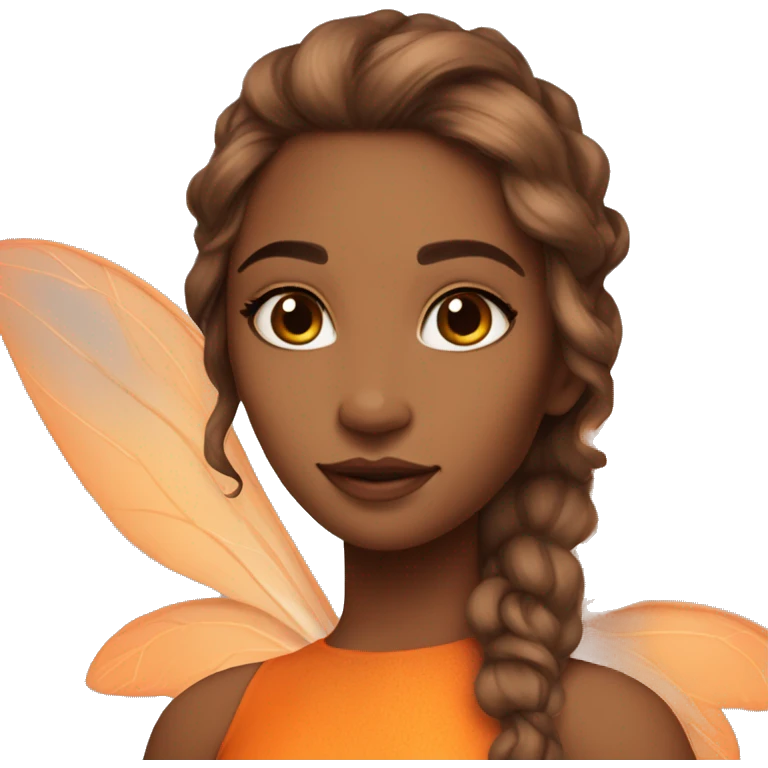 Beautiful, leaf, fairy,beautiful makeup, orange shadows ,light skin, orange outfit , long brown hair, big wings emoji