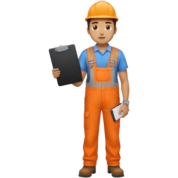 Indian male railway engineer orange overalls, boots holding a clipboard facing backwards emoji