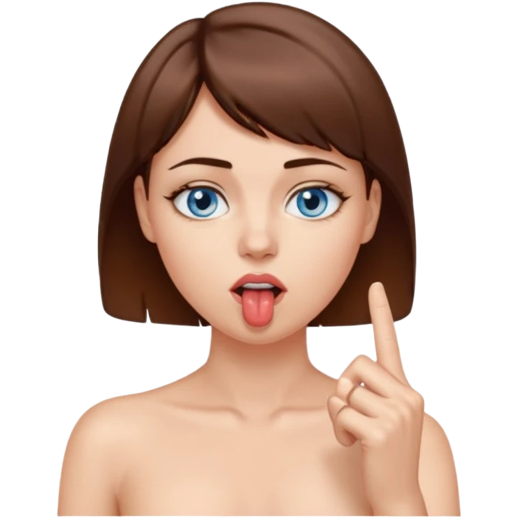 A sexy, naked woman with short brown hair and beautiful blue eyes is putting her middle finger in her mouth. She's sweating from the heat. emoji