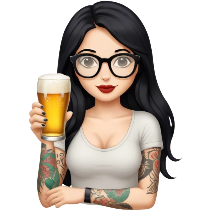 A beautiful woman with long black hair, wearing slippers and glasses, with tattoos on her arm, holding a beer in one hand. emoji