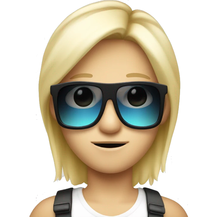 cool blonde kid with black sunglasses holding up a big fish emoji