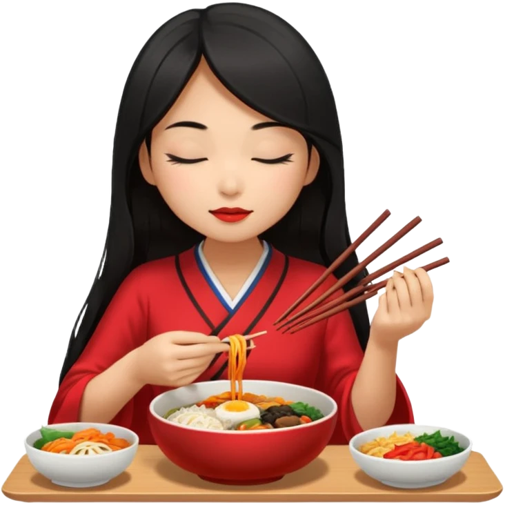 Girl with black long hair with red dress eat bibimbap close eyes chopstick emoji