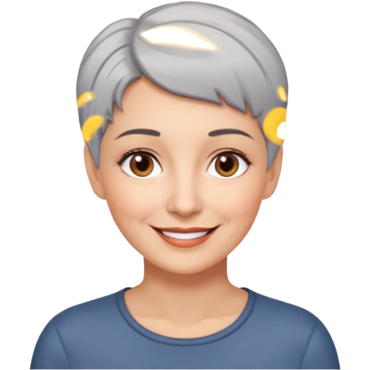 woman 50 years old, very short grey hair brown eyes smile emoji
