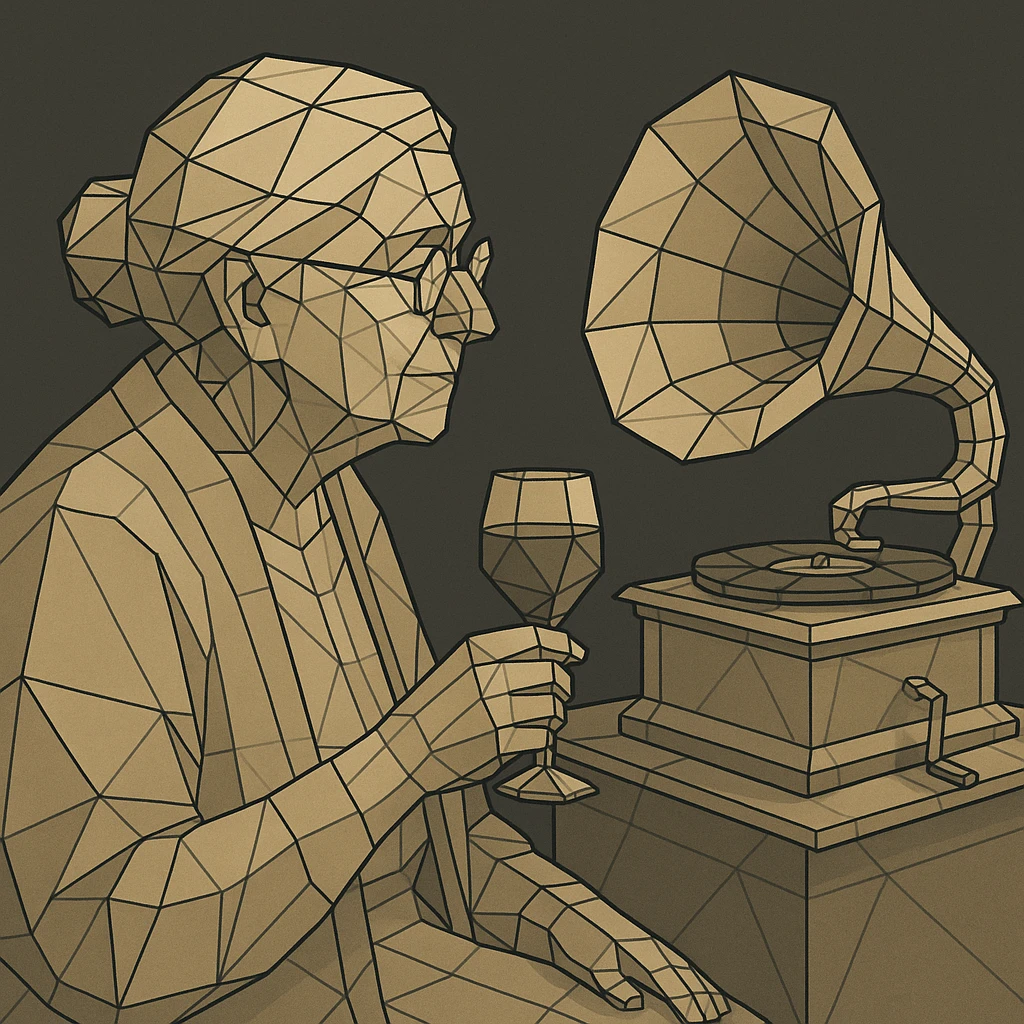 old lady with wineglass listening to gramophone emoji
