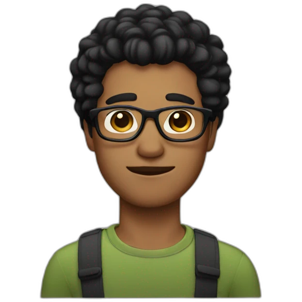 man with square glasses and combed hair with black hair emoji