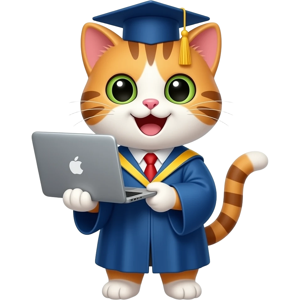 a happy graduate cat with a laptop emoji