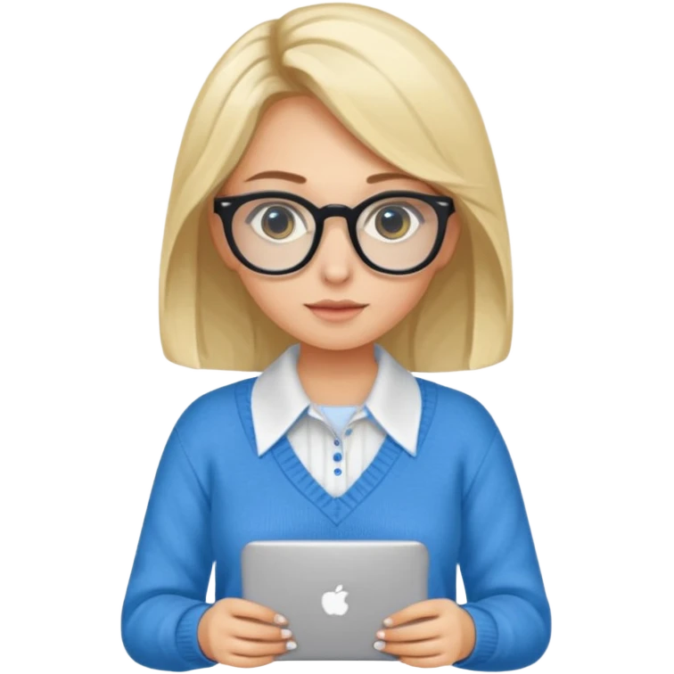 ragazza bionda vestita con camicia e maglione, con occhiali, occhi azzurri che è seduta al pc portatile emoji