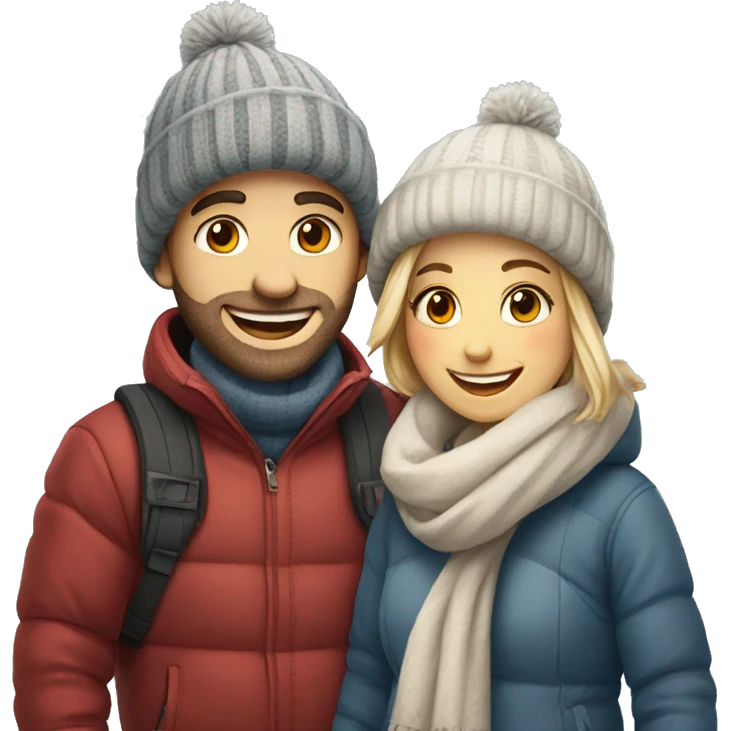happy couple in winter outfits hearts emoji