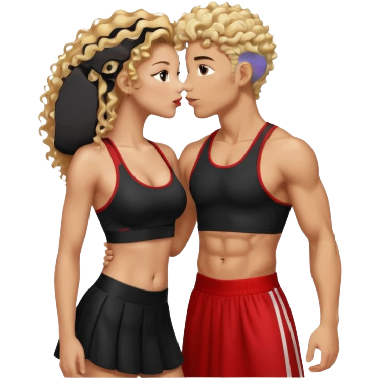 athletic man, high top fade, blonde curly hair only top only, no shirt and Athletic girl with long light red wavy long hair and black sports, Put them together kissing, or holding hands give the girl red hair and a long skirt emoji