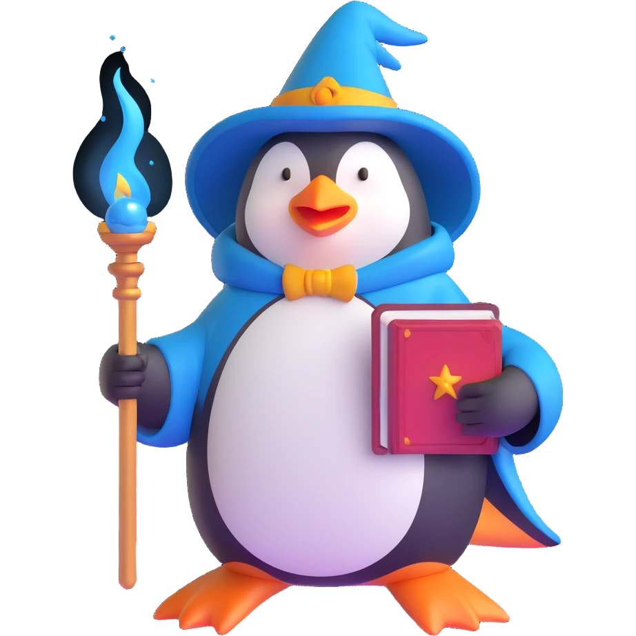 penguin wizard with spell book and magic staff emoji