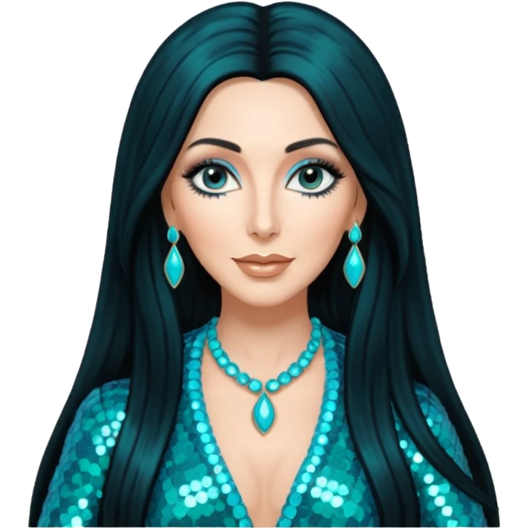 Cher, Goddess of Pop from Famous People with long jet black hair, turquoise sequin outfit emoji