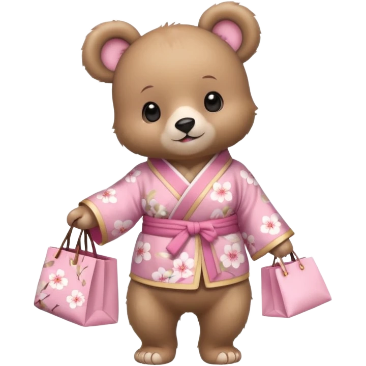 A cute baby bear character in pastel style, standing upright like a human. 
Light brown soft fur, large round ears, rounded paws and feet. 
Wearing a pink kimono with soft cherry blossom patterns on the sleeves and bottom, Holding a cute pastel shopping bag with one paw, walking pose. emoji