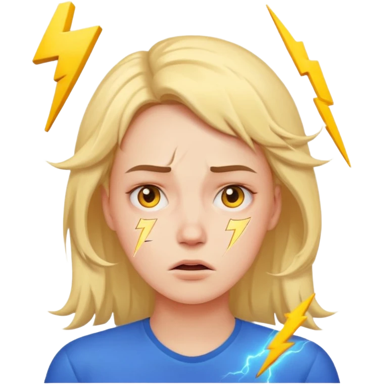 stressed woman with lightning symbol near head, tired face, calm emoji colors, shows stress and cortisol effect on skin emoji