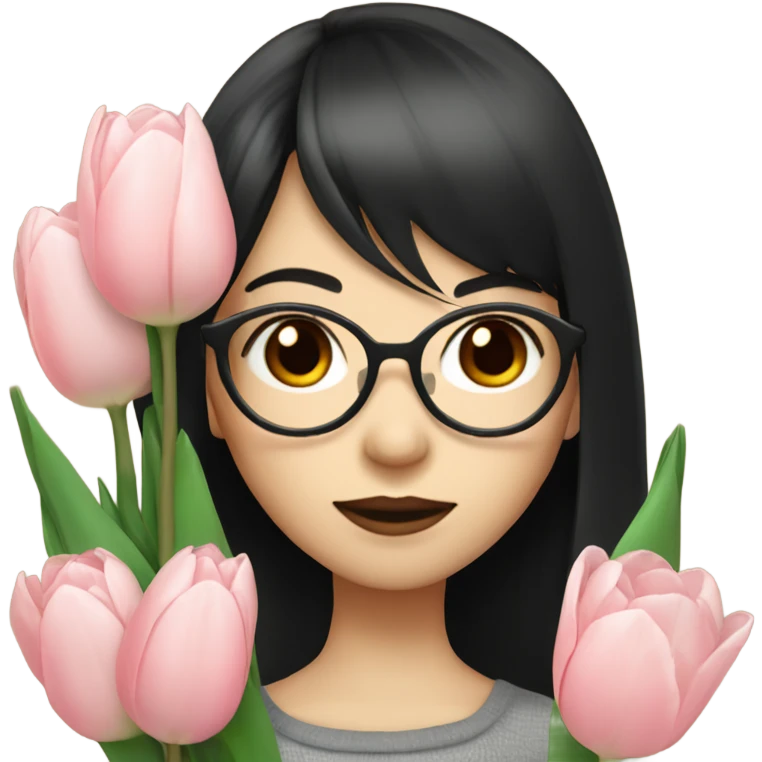 asian pale skin girl with long black hair and bangs and glasses holding tulips emoji