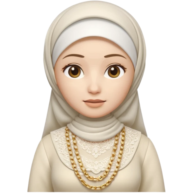 female memoji character, iPhone style, wearing white hijab, white lace top, pleated long skirt, cream handbag with gold chain, soft 3D shading, cute expression, no background, transparent PNG emoji