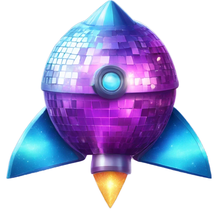 Sparkly rocket ship which looks like a disco ball emoji