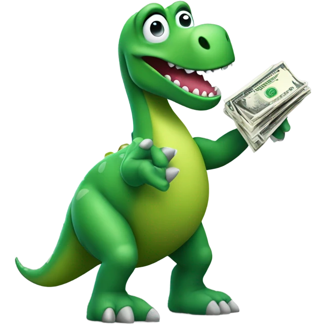 Green dinosaur holding money ￼ emoji