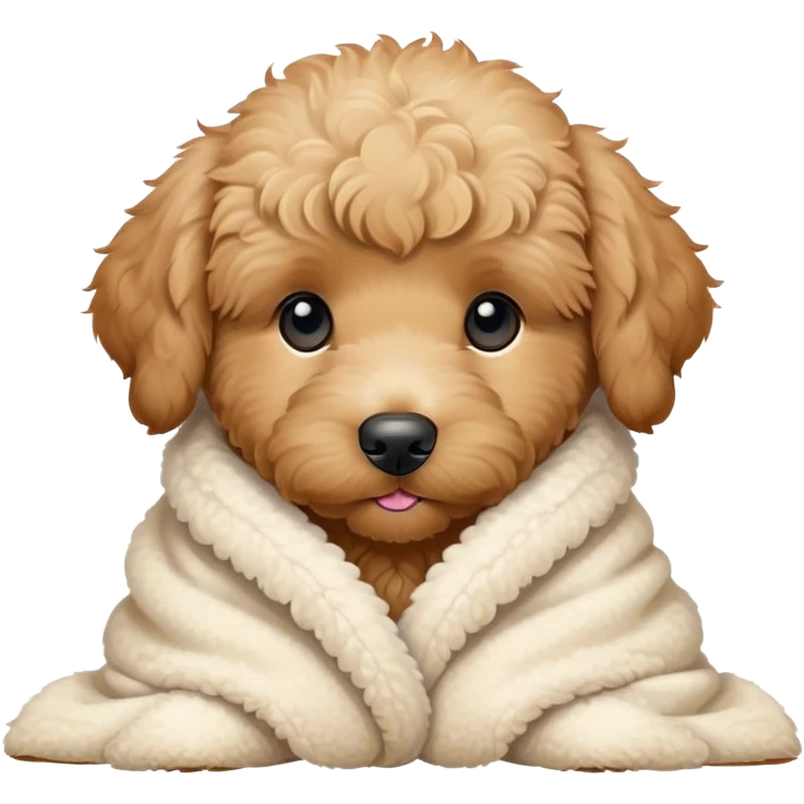 goldendoodle puppy cozy in a sherpa blanket, kawaii disney-style cute emoji