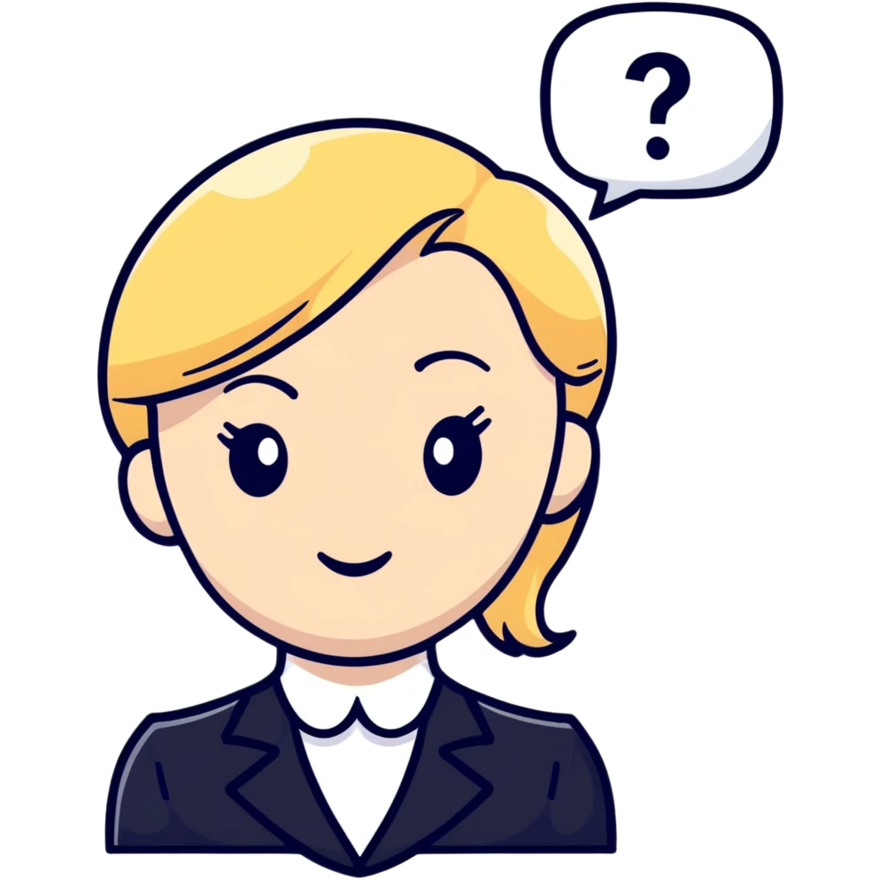 blonde haired white woman in a black formal suit with a white speech bubble containing a black question mark next to her head emoji