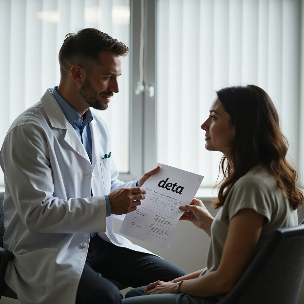 hyperrealistic 4K scene of a male nutritionist in a white coat giving a sheet with the word 'dieta' to a seated female patient in his office, variation 7 emoji