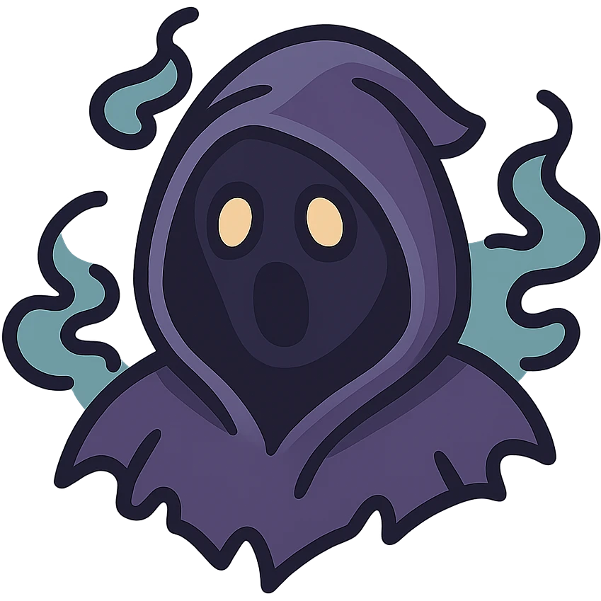 vector emoji of a shadowy, faceless reaper head, tattered and ruffled hood, flat colors, smoke and shadow effects, surprised expression created by light and shadow passing through the hood, ethereal and dark emoji