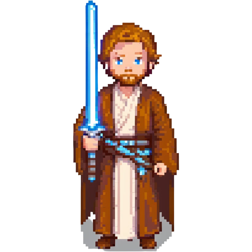 Obi-Wan Kenobi from Star Wars, pixel art style, holding a blue lightsaber, classic Jedi look emoji