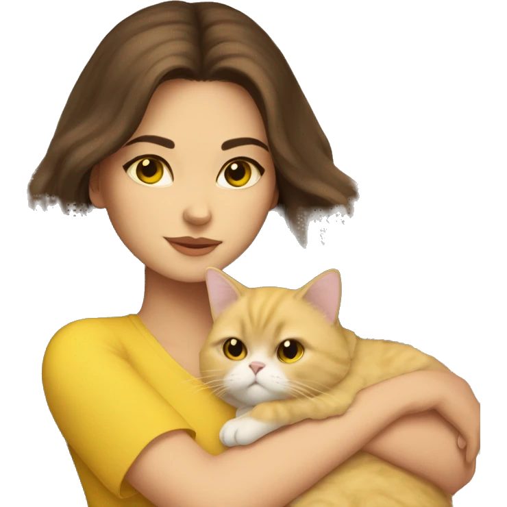 Brunette girl snuggling yellow Persian cat emoji