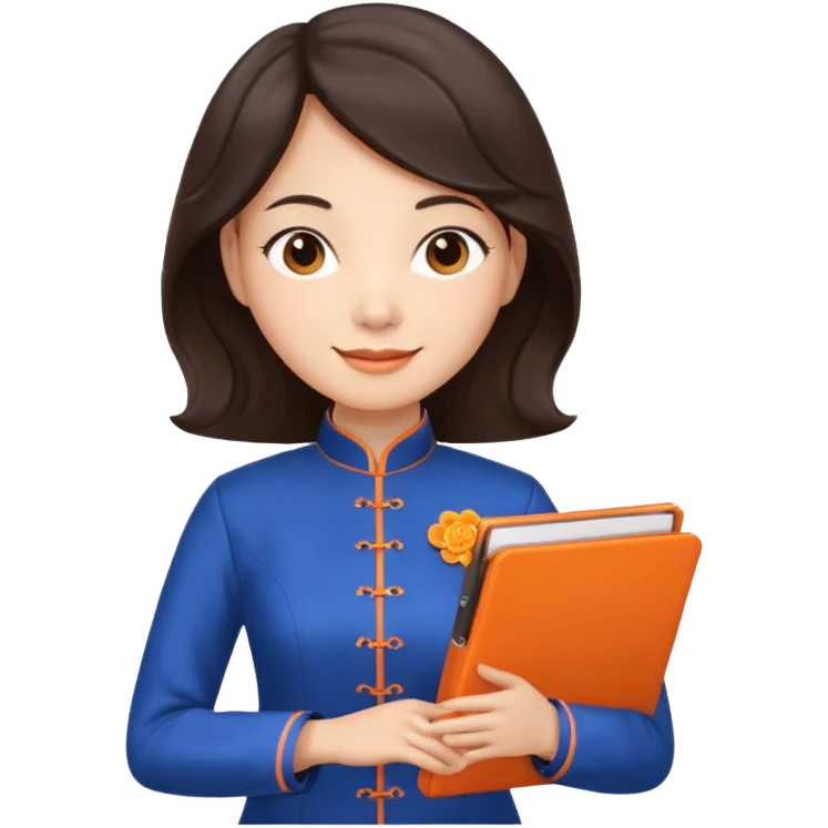 Teacher emoji but : wavy dark brown hair, light skin, no glasses, dark eyes, with a computer folder in the hand (color is orange), being a teacher, wearing a chinese qipao ( dark blue)


 emoji