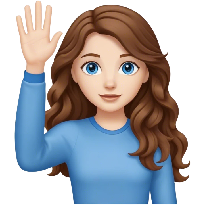 White girl with brown long wavy hair, blue eyes. the memoj has to wave with the han emoji