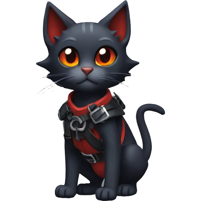 Cool Edgy Ethereal Litten-Nargacuga-Cat with black bat-wing-ears with a red harness full body emoji