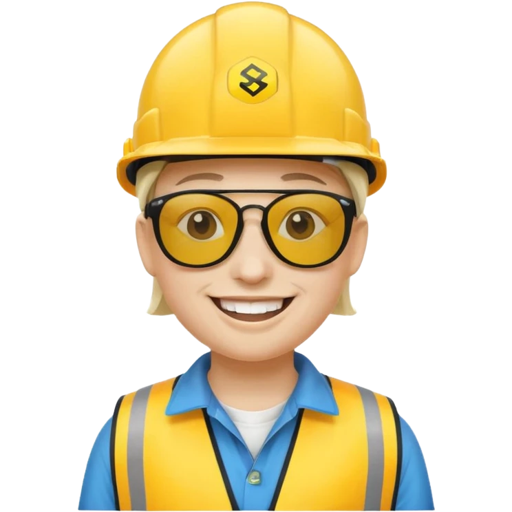 emoji d'un bonhomme, casque de chantier avec logo SRE, lunettes swag, sourire large, style emoji Apple emoji