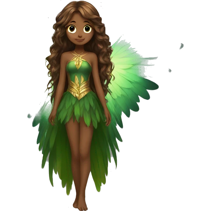 big wings, Beautiful, fairy, gold, brown, dark green, green, long hair emoji