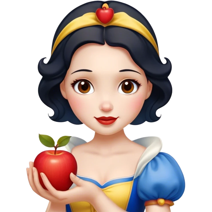 Cinematic Realistic Snow White Portrait, depicted with lifelike skin texture, soft natural lighting, and intricately detailed black hair styled with a red ribbon. Her soft brown eyes radiate innocence and kindness, complemented by a warm, gentle smile. She holds an apple in one hand, her other hand resting against her cheek, embodying her purity and charm. She is dressed in her classic yellow, blue, and red gown, the fabric rich in texture with delicate folds that catch the light beautifully. The portrait features a soft, natural glow with a radiant finish, capturing the essence of timeless beauty in a realistic and painterly style. emoji