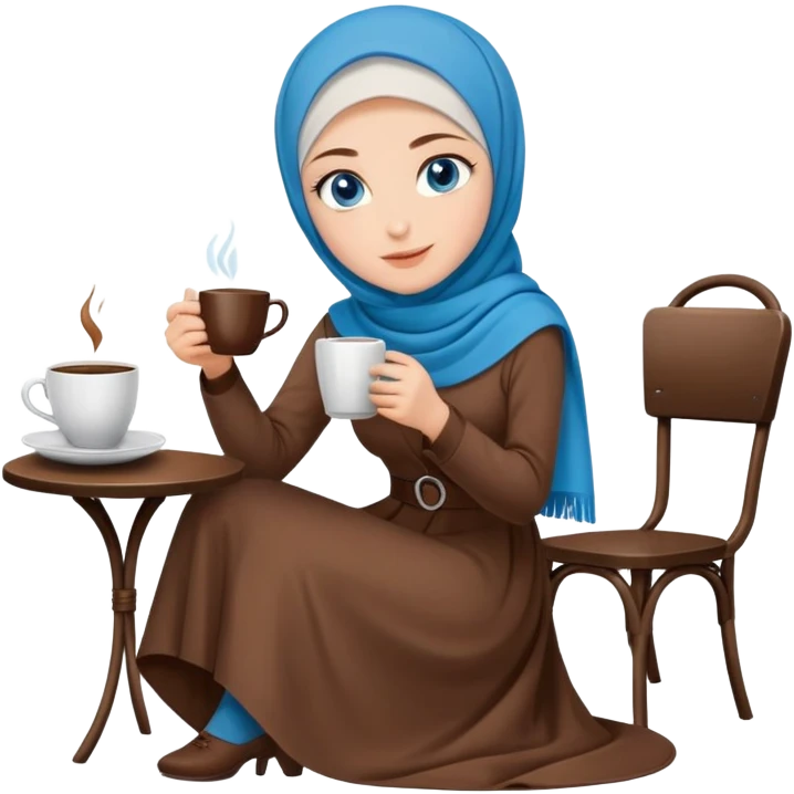 Turkish beautiful finish Konya girl blue eyes with brown hijab long tail dress and sits on the chair on the ground and holds cup coffe with her hand  emoji