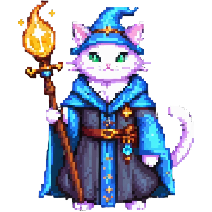 cat wizard with a magical staff and wizard robe emoji