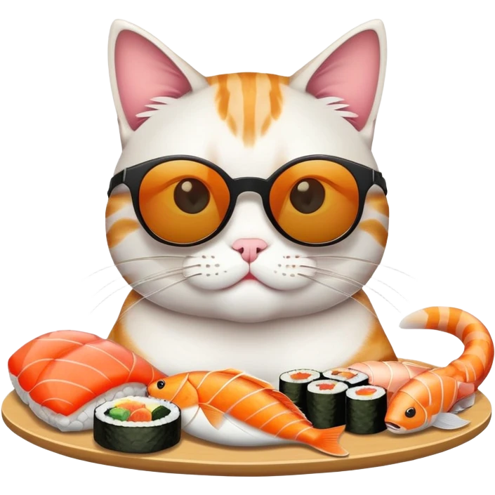 cat wearing sunglasses, looking cocky, eating sushi with more fish around emoji