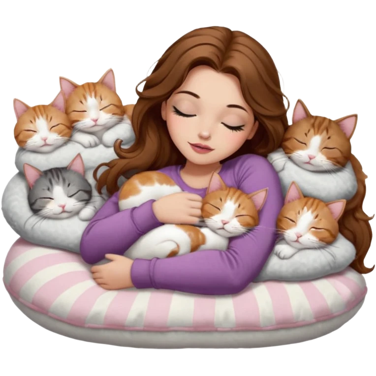 girl with long wavy brown hair, brown eyes, long lashes makeup, sexy pink lips, light to medium complexion,  sleeping on a cozy pillow, with 6 cats: 1 brown and white tabby cat, 1 ginger and white, 2 grey and white, 1 grey has white mittens and small white patch on its chest and 1 calico, sleeping emoji