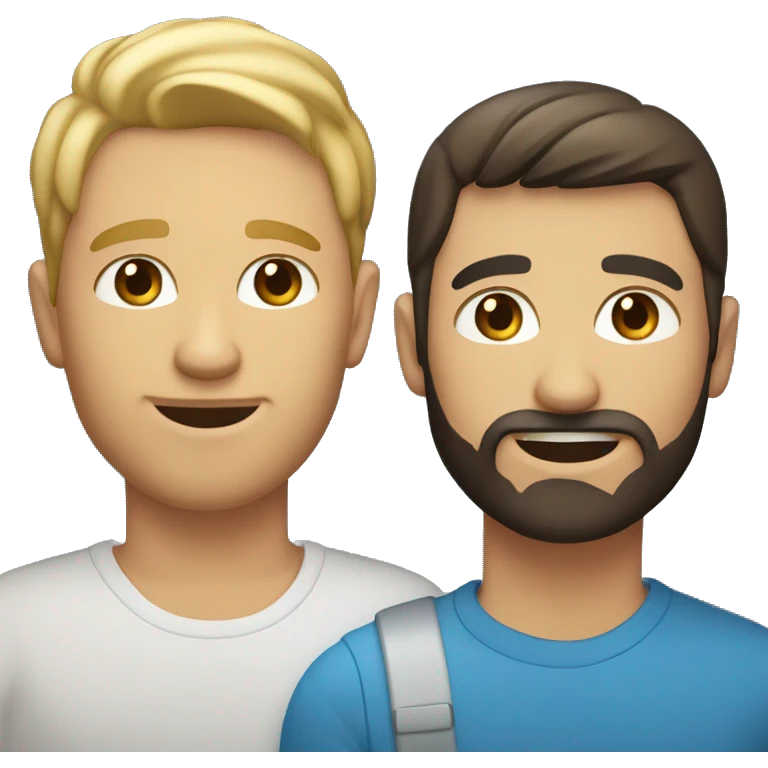 Gay male couple. One has blond hair and blue eyes and no facial hair. The other guy has dark hair and brown eyes and a beard emoji