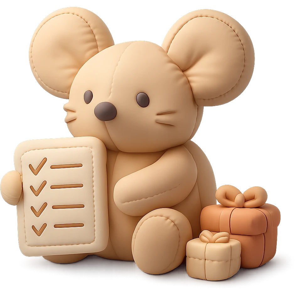 mouse with checklist and mini presents in cushion style emoji
