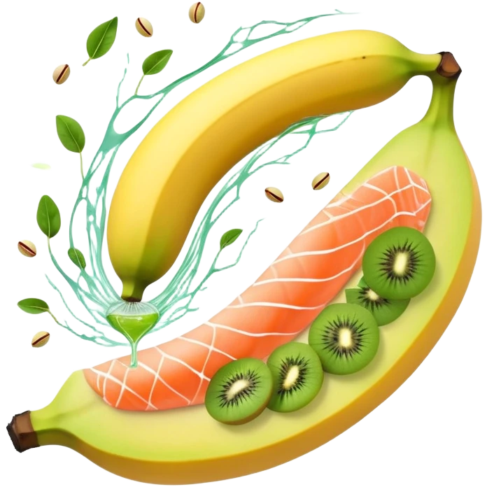 Banana, spinach, salmon fillet, sliced kiwi, pistachios, and a glass of orange juice emitting electrical sparks that flow toward a heart and nervous system. The electrical currents highlight the role these potassium-rich foods play in maintaining heart rhythm and muscle function. emoji