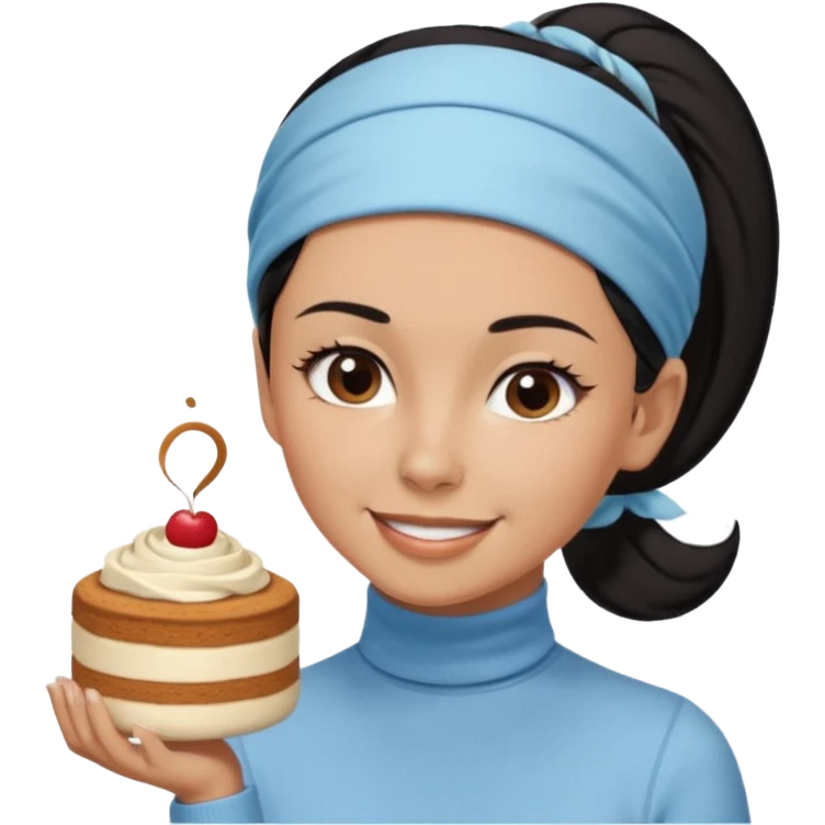  tan skin woman with long face, and short black hair slicked back ponytail with forehead showing, wearing a light blue headband and wearing pale blue turtleneck shirt, eating tiramisu smiling with hair pulled back emoji