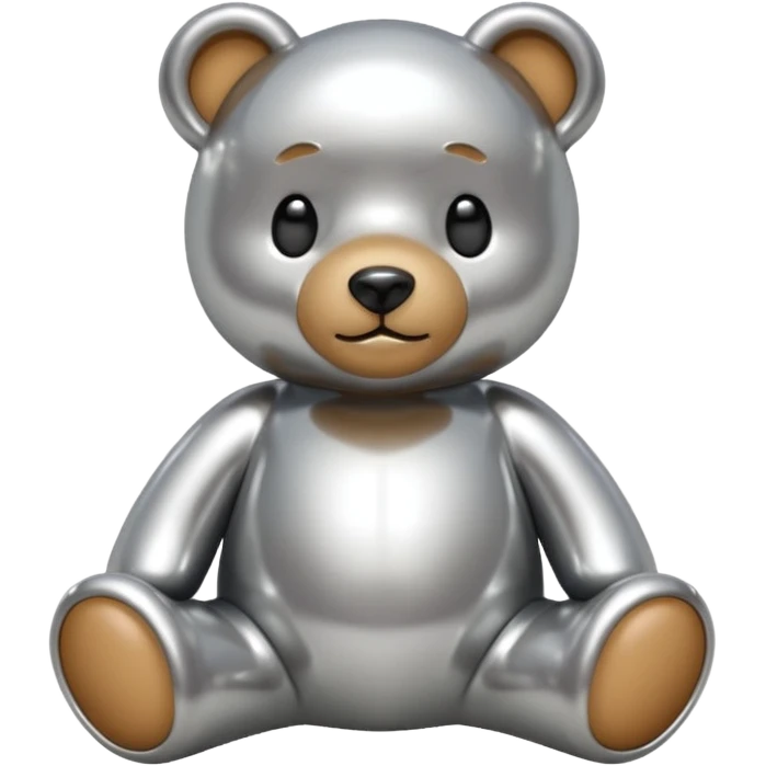 A cute teddy bear emoji made of liquid silver chrome, smooth rounded body, glossy metallic surface, soft reflections, friendly proportions, iOS emoji style, centered, clean white background emoji
