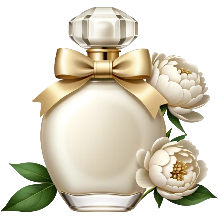 pearl white vintage style perfume bottle and ivory colored peonies and a gold bow emoji
