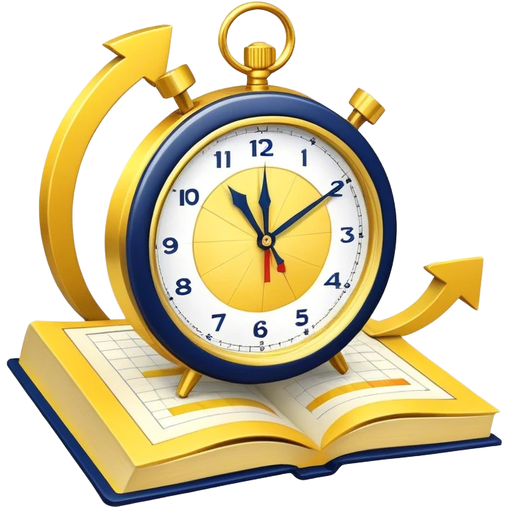 A yellow productivity book with navy blue and gold details, running clock and chart with upward trend aura, radiating productivity, strategy, and success in motion with time and happiness yellow... power in time aura of happiness emoji
