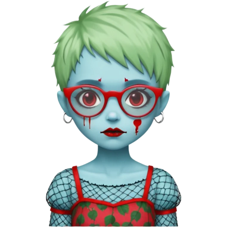 Ghoulia yelps monster high doll in scene/emo style cherry print dress with fishnet sleeves, clothes, thin, small, red, rectangle glasses, pale white-blue skin, pale-green shaggy pixie-cut , zombie scars , boy emoji