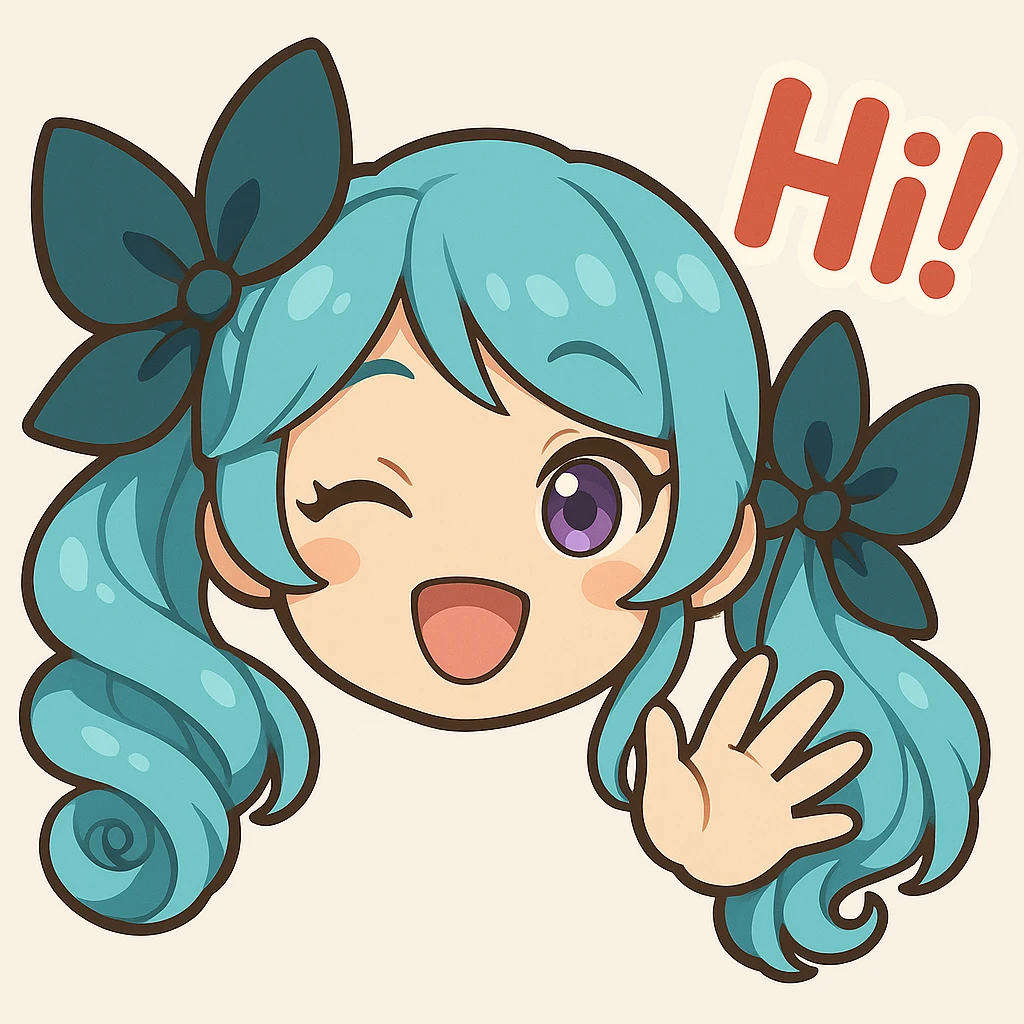 Make sure Gwen from League of Legends has both hair bows visible, keep the hi expression, only head and hand visible, right eye is purple, in chibi emote style, cute and expressive. emoji
