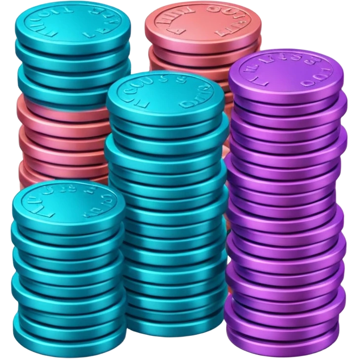 Many Coins pack stack
in gradient of turquoise, blue, pink, purple, and coral
 emoji